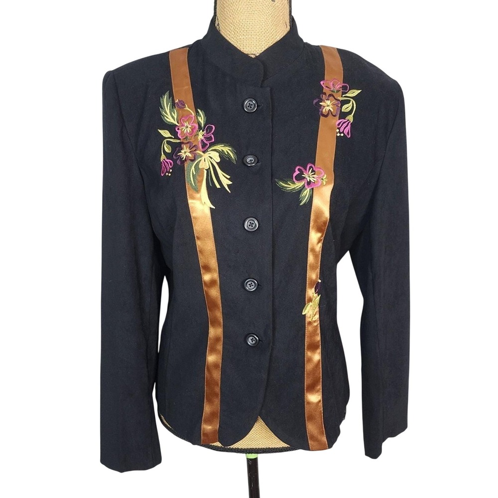 Vtg COURTENAY Size 12 Mandarin Collar Embroidered Satin Embellished Shacket Top